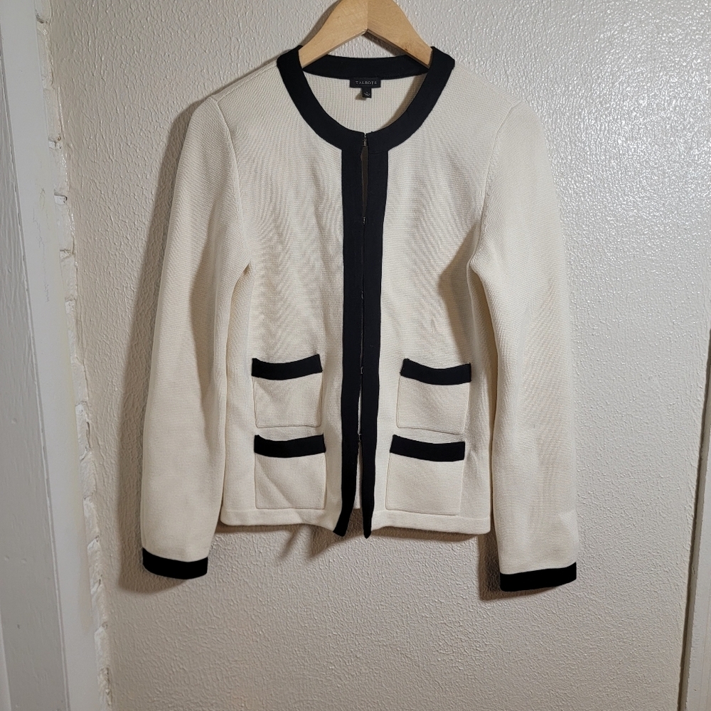 Talbots Cashmere Blend Knit Cardigan Jacket 4-Pocket Color Block sz S Ivory Blac